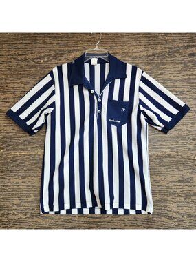 Vintage 70s FootLocker Employee Dagger Collar Striped Navy Shirt Sz Large USA